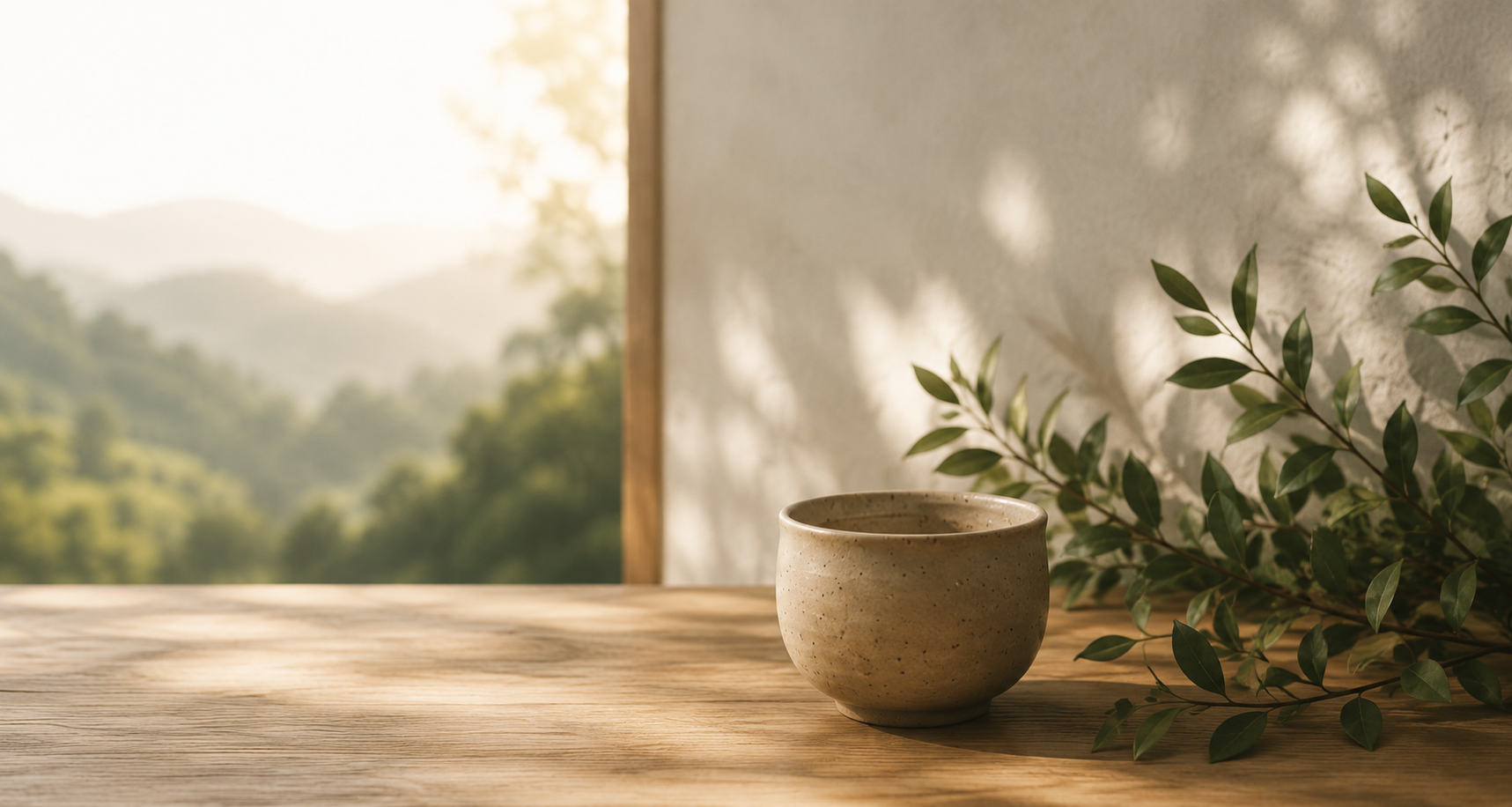 A quiet ceramic vase and cup in warm light